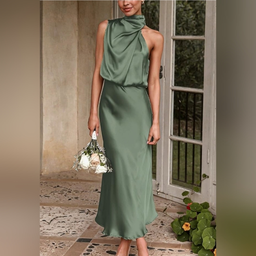 Asymmetrical Green Satin Dress
